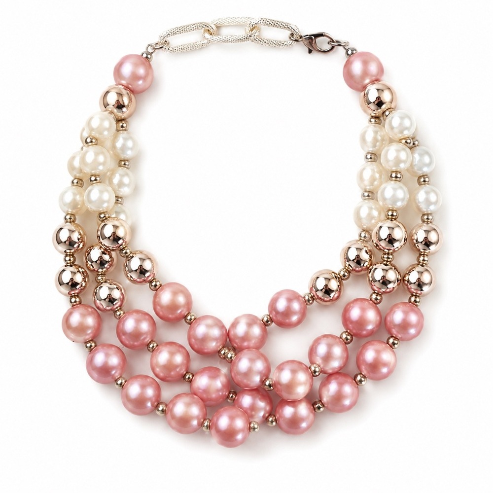 Pink Cream Rose Gold Faux Pearl Multi-Strand Bib Statement Necklace Silver Chain